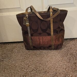 Coach Brown Signature Jacquard Tote with Metallic Bronze Accents
